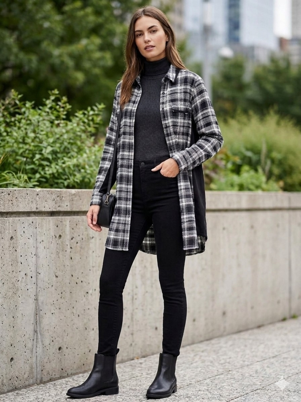 NWT DKNY Women Black & White Plaid Long Sleeve Shirt Dress Tunic Medium